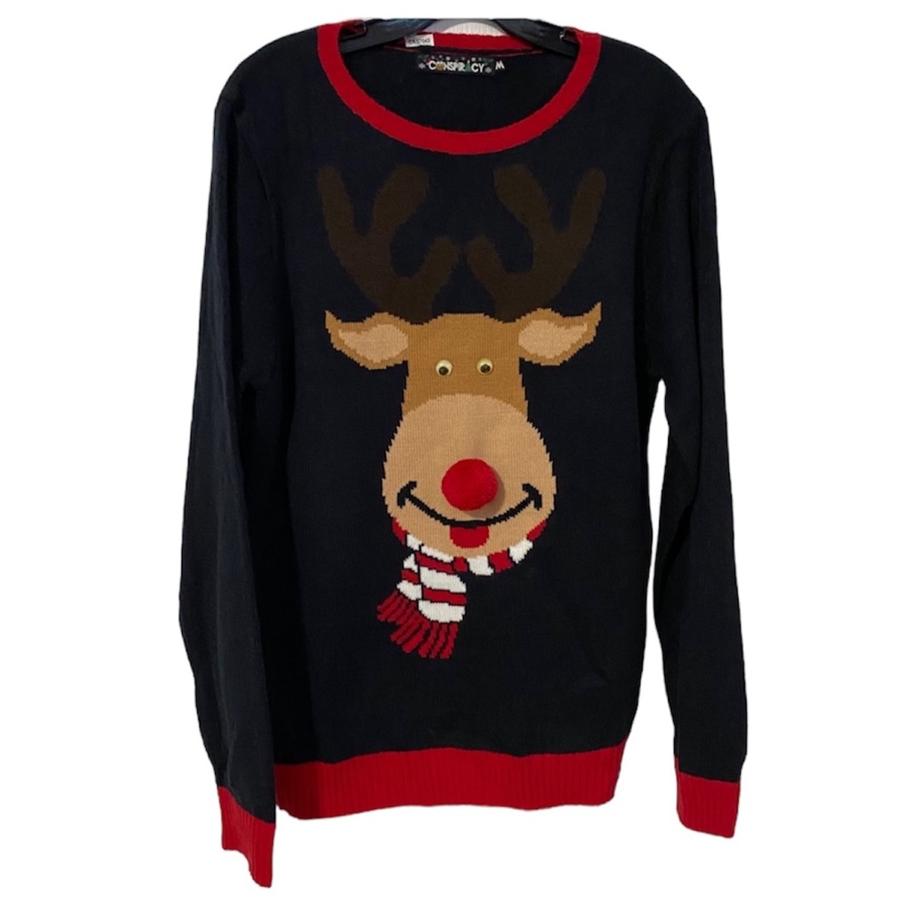 RED POM POM NOSE REINDEER XMAS SWEATER
